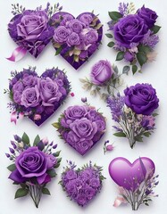Vibrant purple flower arrangements floral composition digital art aesthetic design heart shapes romantic theme