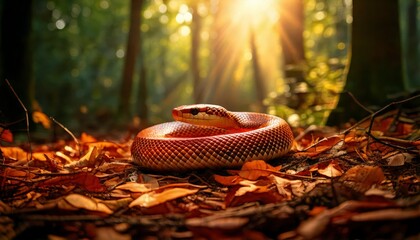 Encountering a colorful snake in a vibrant forest nature photography sunlit environment close-up view