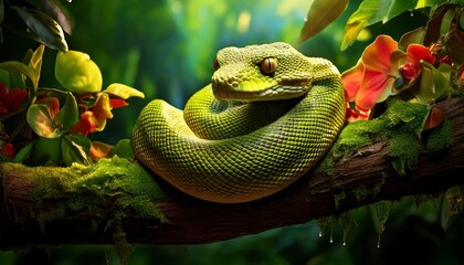Green tree python constrained on a branch lush jungle wildlife photography vibrant environment close-up view