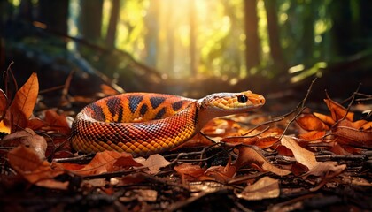 Colorful snake slithering through autumn leaves in a serene forest setting capturing nature's beauty