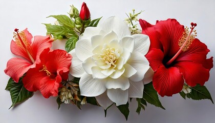 Vibrant floral arrangement featuring hibiscus and lotus studio background close-up botanical art