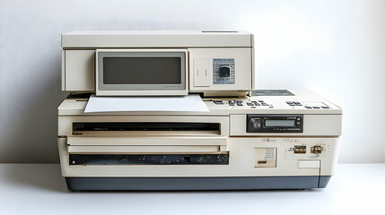 Fototapeta premium Retro office printer scanning document, white background