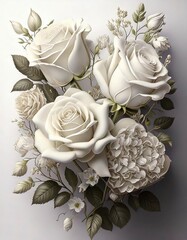Elegant white roses bouquet floral arrangement artistic display minimalist setting top-down view serenity