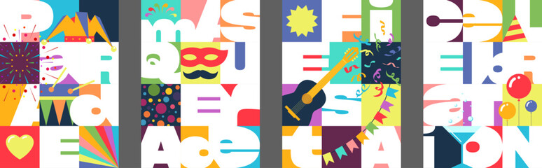 Vibrant carnival poster set featuring festive masquerade mask, confetti and fireworks. Colorful geometric designs perfect for party invitations, holiday banners and lively celebration graphics © Azat Valeev