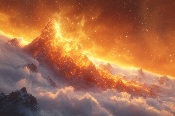 Fototapeta premium Fiery mountain range ablaze, glowing embers illuminate a breathtaking celestial landscape above clouds.