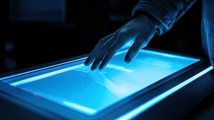 A futuristic interactive panel with a glowing touchscreen, waiting for a user to interact.