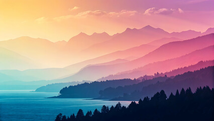 Fototapeta premium Serene Sunset Over Majestic Mountains and Calm Waterscape