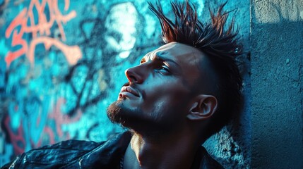 A dynamic image of a man with a spiky hairstyle, set against an urban backdrop with graffiti.