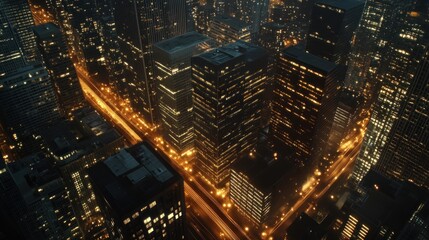 Obraz premium Night Cityscape: Aerial View of Illuminated Skyscrapers and Streets