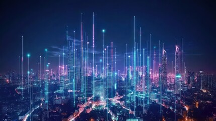 Fototapeta premium Futuristic Cityscape: A Symphony of Lights and Digital Connections