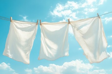 Three white sheets hang on a clothesline, drying in the sun against a bright blue sky. Perfect for concepts of freshness, purity, or laundry day.