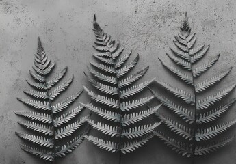 Naklejka premium Black and White Minimalist Fern Leaves Composition with Textured Concrete Background for Modern Botanical Decor
