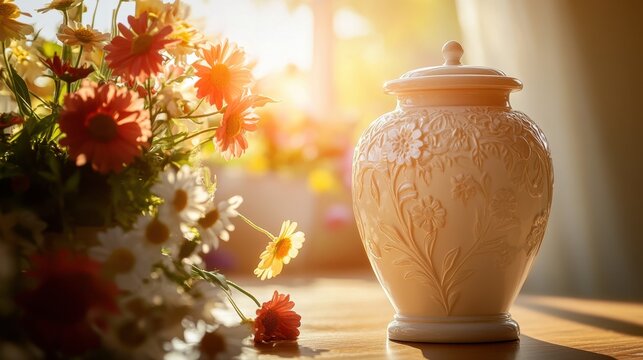 Ornate urn with floral carvings sits beside a bouquet of colorful flowers. Image ideal for sympathy cards, funeral programs, or remembrance themes.