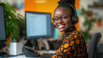 A woman wearing glasses and a headset is smiling at the camera