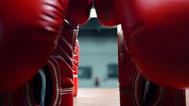 vibrant red boxing gloves hanging in a well-lit gym