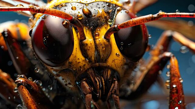 Close-up of a wet wasp with glistening drops in a dramatic setting