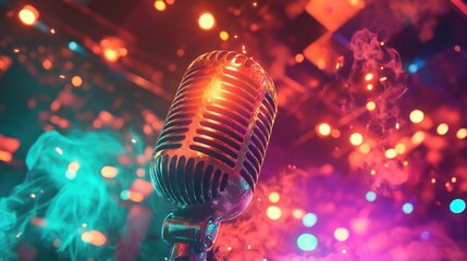 Retro microphone on stage with colorful lights and smoke.