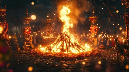 Obraz premium A grand bonfire surrounded by traditional Dussehra decorations, symbolizing the victory of good over evil.
