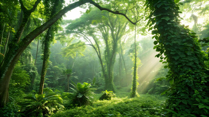 Fototapeta premium Lush Green Forest with Sunlight Filtering Through the Trees
