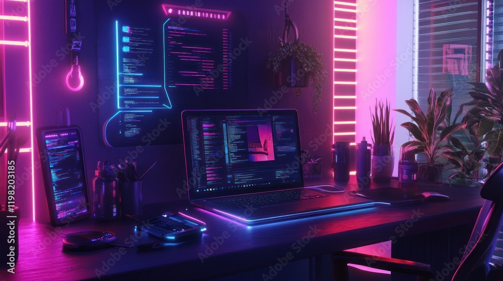 Wall mural neon-lit coder's workspace with laptop, phone, and plants.