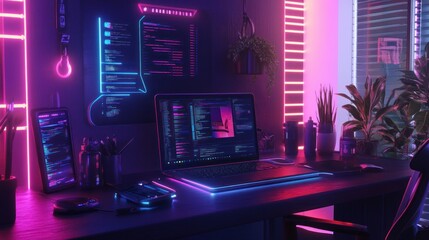 Neon-lit coder's workspace with laptop, phone, and plants.