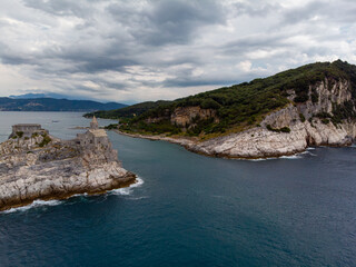 Obraz premium Drone aerial view of the Church of St. Peter in Porto Venere Italy