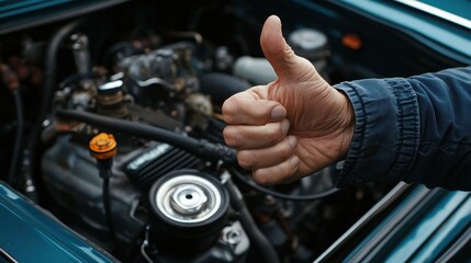 Fototapeta premium Thumbs up over classic car engine. Shows satisfaction with car repair or maintenance.