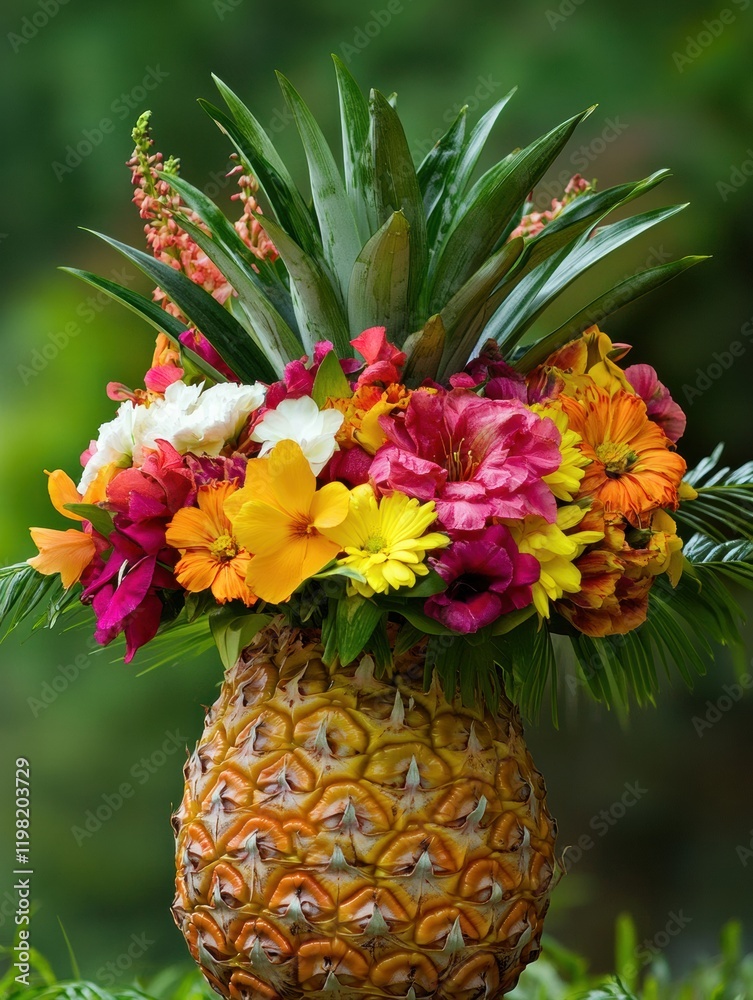 Aufkleber pineapple centerpiece adorned with vibrant flowers creating a tropical decor display. generative ai