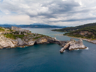 Drone aerial view of the Church of St. Peter in Porto Venere Italy