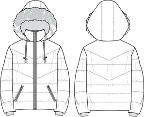 Unisex Hooded Puffer Coat. Technical fashion illustration. Front and back, white color. Unisex CAD mock-up.