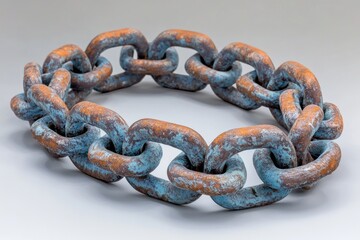 Obraz premium A circular chain made of rusty, blue-green metal links, suggesting themes of connection and time.