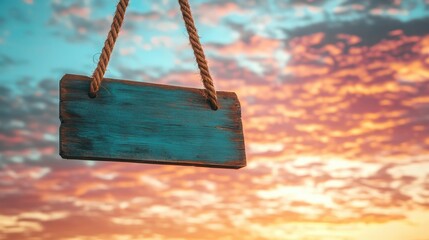 Empty wooden signboard hanging from a rope, with a vibrant sunset sky.