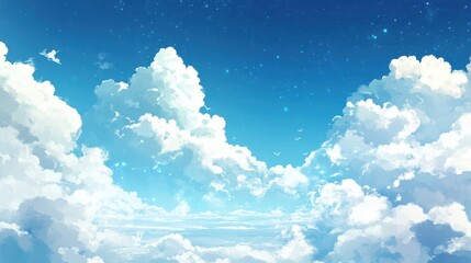 Dreamy sky, fluffy clouds, bright blue.