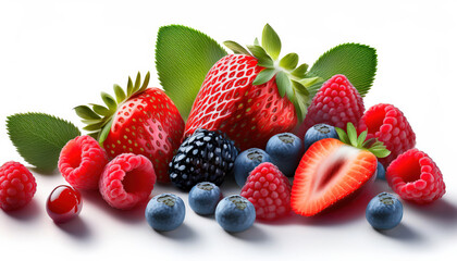 Obraz premium A colorful display of assorted fresh berries, including raspberries, strawberries, and blueberries, beautifully arranged on a white background, showcasing their vibrant colors and textures. 