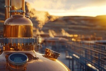Copper still distilling spirits at sunset, showcasing the process of alcohol production in a distillery.