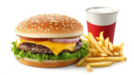 Flat lay of a burger with melted cheese, crispy fries, and a cold drink, with empty space around it for creative use.