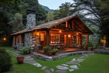 Rustic log cabin nestled in a forest at dusk, illuminated warmly. Perfect for showcasing cozy, tranquil, and nature-related concepts.