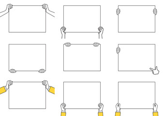白いパネルを持つ手のセット 線画　紙　プラカード　板