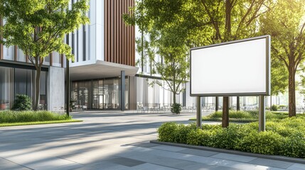 Modern blank signboard mounted on a sleek steel pole in front of a high-tech building.