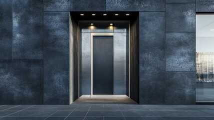 Modern business sign with a metallic frame on a black stone facade.
