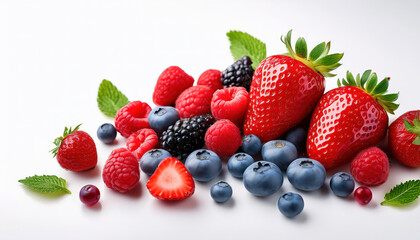 Obraz premium A colorful display of assorted fresh berries, including raspberries, strawberries, and blueberries, beautifully arranged on a white background, showcasing their vibrant colors and textures. 