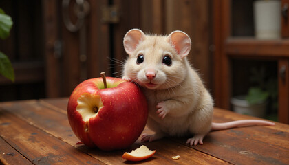 Cute fluffy mouse enjoying a shiny red apple on wooden table, coziness