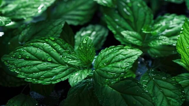 Fresh mint leaves glistening with water droplets in a lush green setting