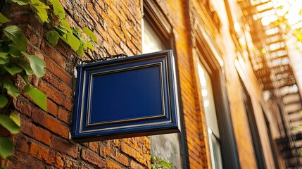 Rectangular business sign with sharp corners on a classic brick exterior.