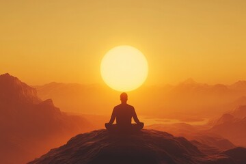Silhouetted figure meditates atop a mountain at sunset, finding peace and serenity in the breathtaking landscape.