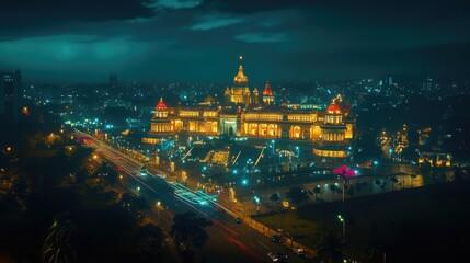 Obraz premium A nighttime shot of Vidhana Soudha with colorful lights illuminating its structure, creating a festive ambiance.