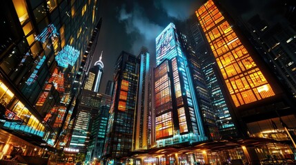 A nighttime view of a financial district, showcasing illuminated buildings with projections of the Hang Seng index updates on their facades,
