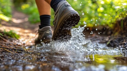 Close-up of hiking boots splashing through a puddle on a trail.