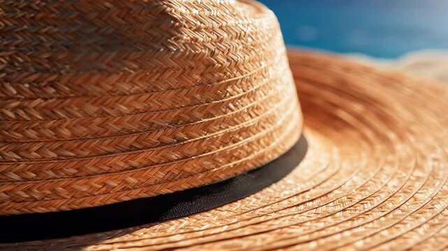 macro view of a straw sun hat on a sunny day