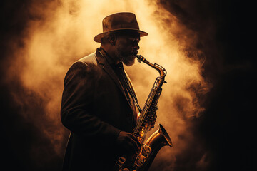 Timeless black-and-white portrait of a jazz musician, illuminated by a single vintage spotlight, dramatic shadows. and minimalist background.